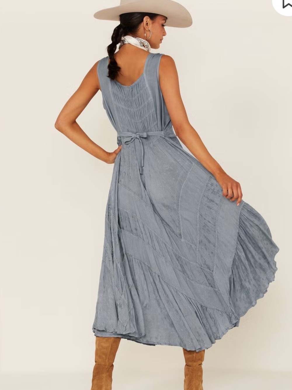 Scully Lace-Up Jacquard Midi Dress – Dusty Blue Size L Western Ranch - Picture 2 of 13